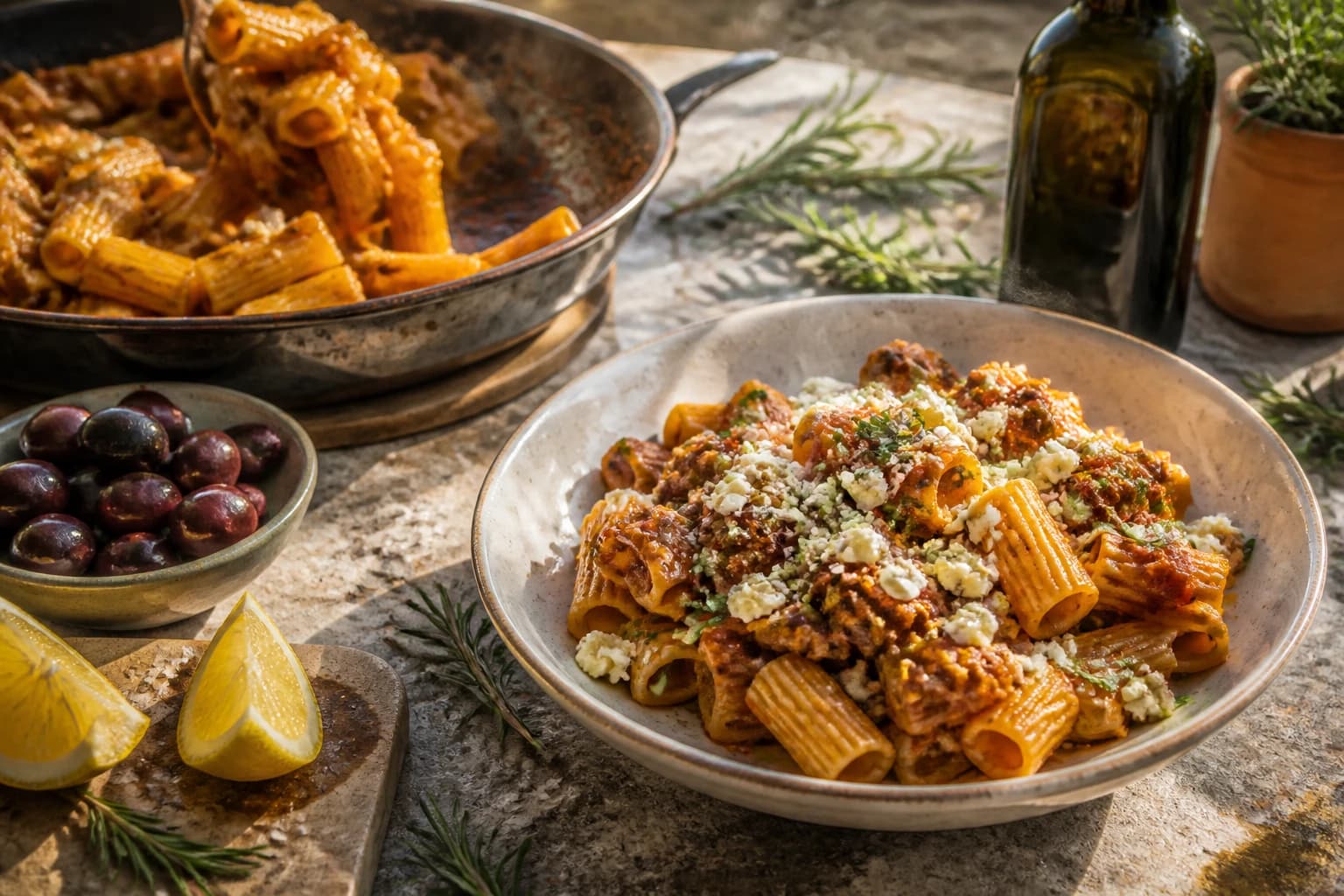 Etape 4 : Cuire les pâtes et assembler — Rigatoni à la bolognaise et feta