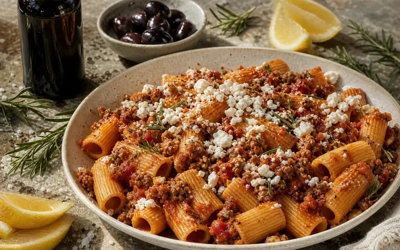 Rigatoni à la bolognaise et feta, pâtes avec sauce viande et fromage grec émietté