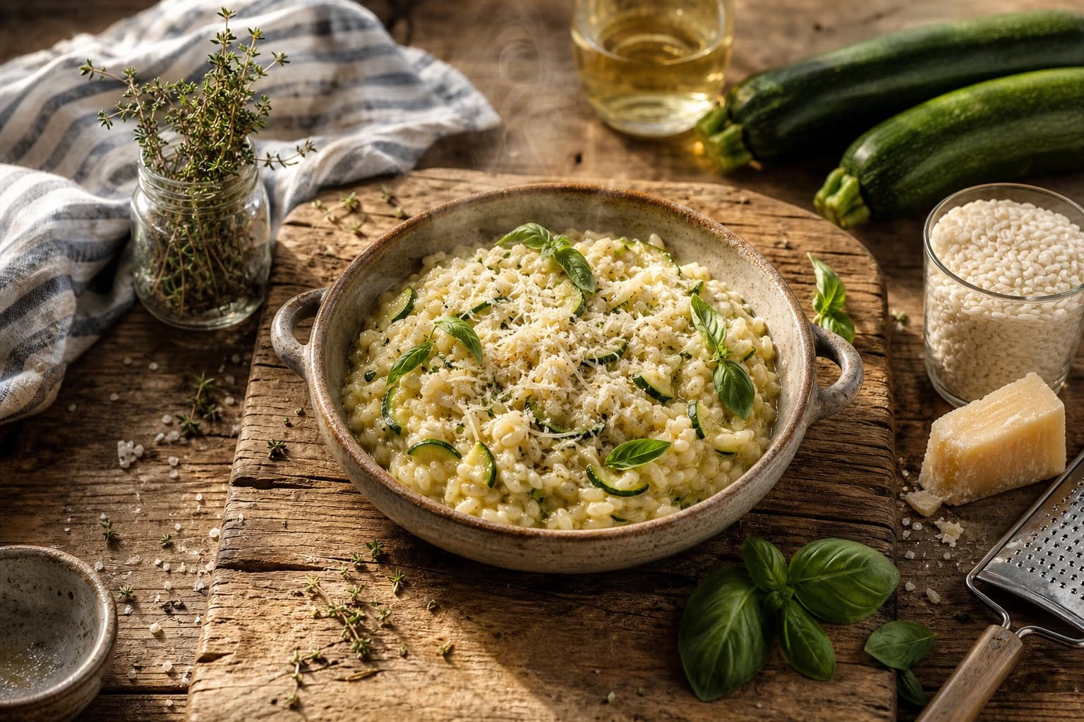 Risotto courgettes basilic vue du dessus avec courgettes fraîches et parmesan
