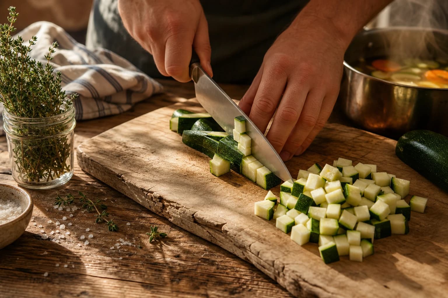 Etape 1 : Préparer les courgettes et lancer le bouillon — Risotto courgettes & basilic crémeux