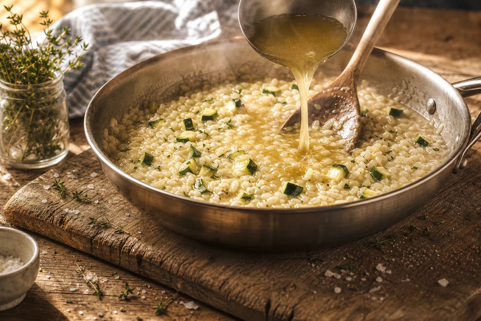 Etape 3 : Mijoter louche par louche avec les courgettes — Risotto courgettes & basilic crémeux