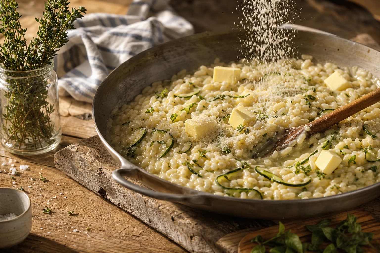 Etape 4 : Mantecatura finale et basilic ciselé — Risotto courgettes & basilic crémeux