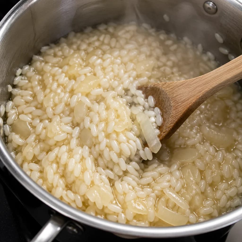 Étape 2 : Nacrer le riz — Risotto crémeux crevettes & asperges