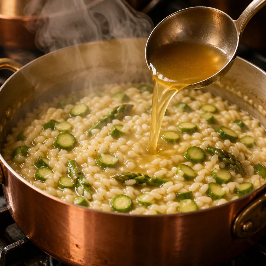 Étape 3 : Cuire le risotto — Risotto crémeux crevettes & asperges