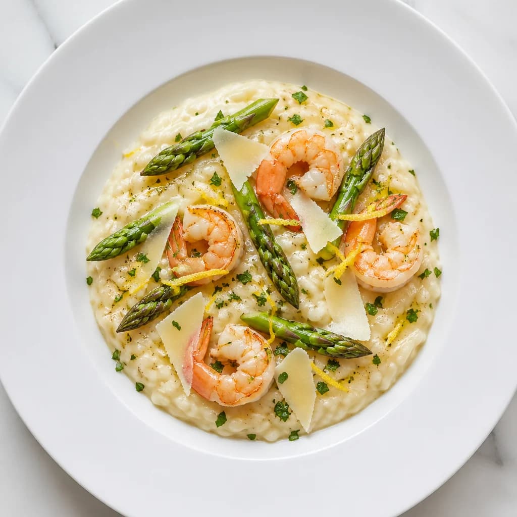 Étape 4 : Mantecare et dresser — Risotto crémeux crevettes & asperges
