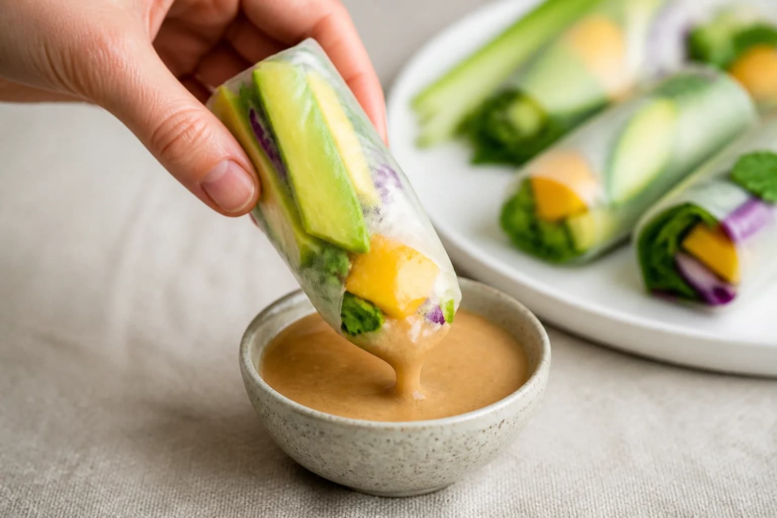 Rouleaux de printemps vegan avocat mangue coupés en deux, farce colorée visible, sauce cacahuète dorée