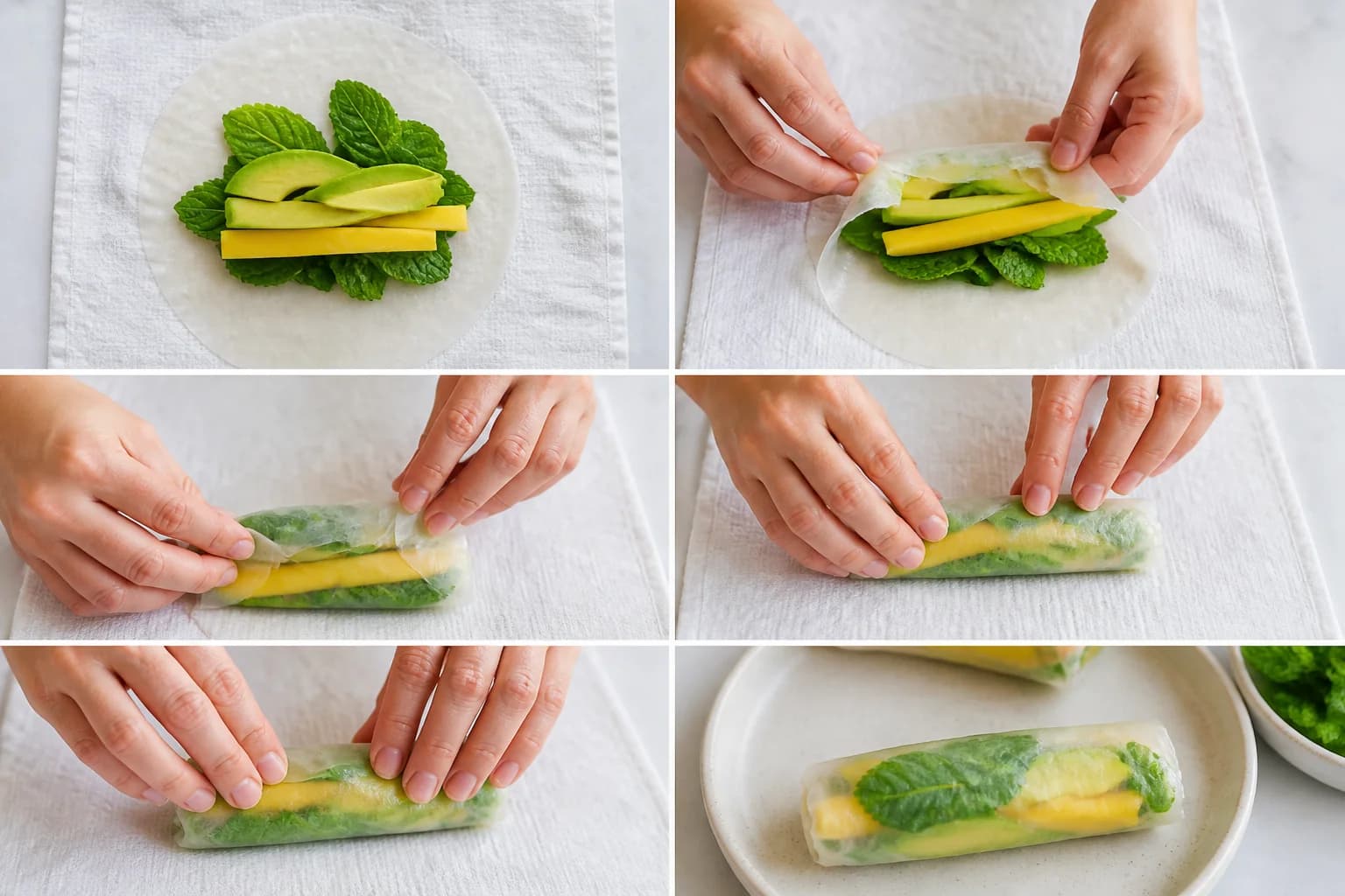 Etape 3 : Réhydrater les galettes de riz et rouler les rouleaux — Rouleaux de printemps avocat & mangue