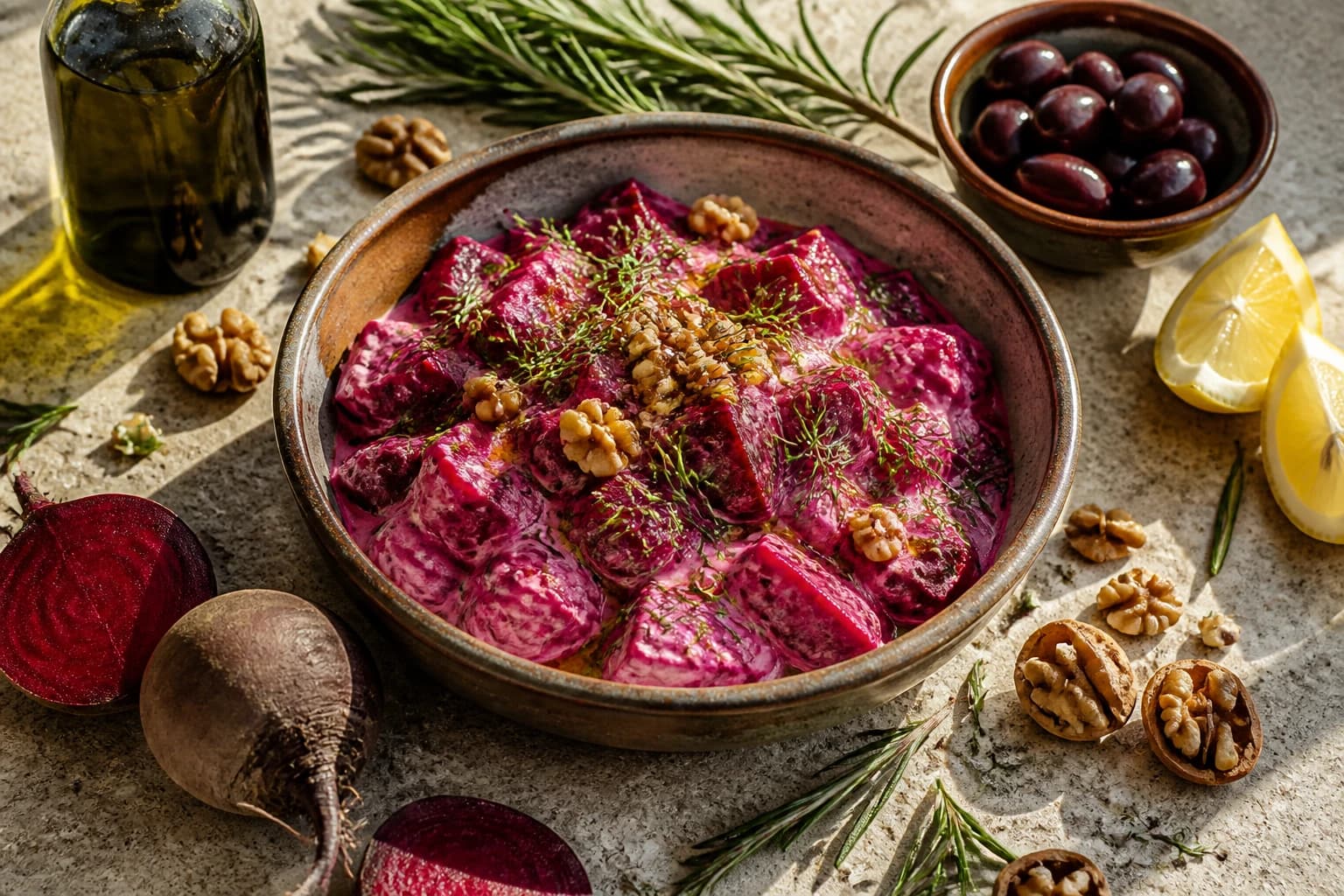 Salade de betterave au yaourt grec et noix, parsemée d'aneth frais, servie en mezze
