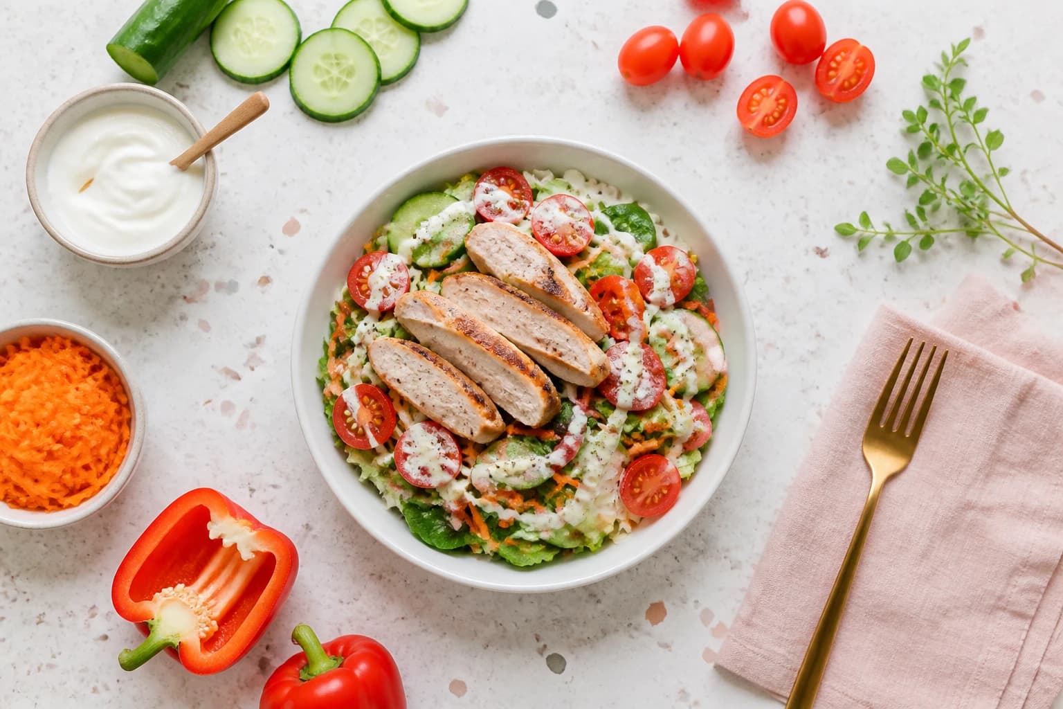 Salade de dinde froide aux crudités et vinaigrette légère, dressée dans une assiette blanche avec herbes fraîches