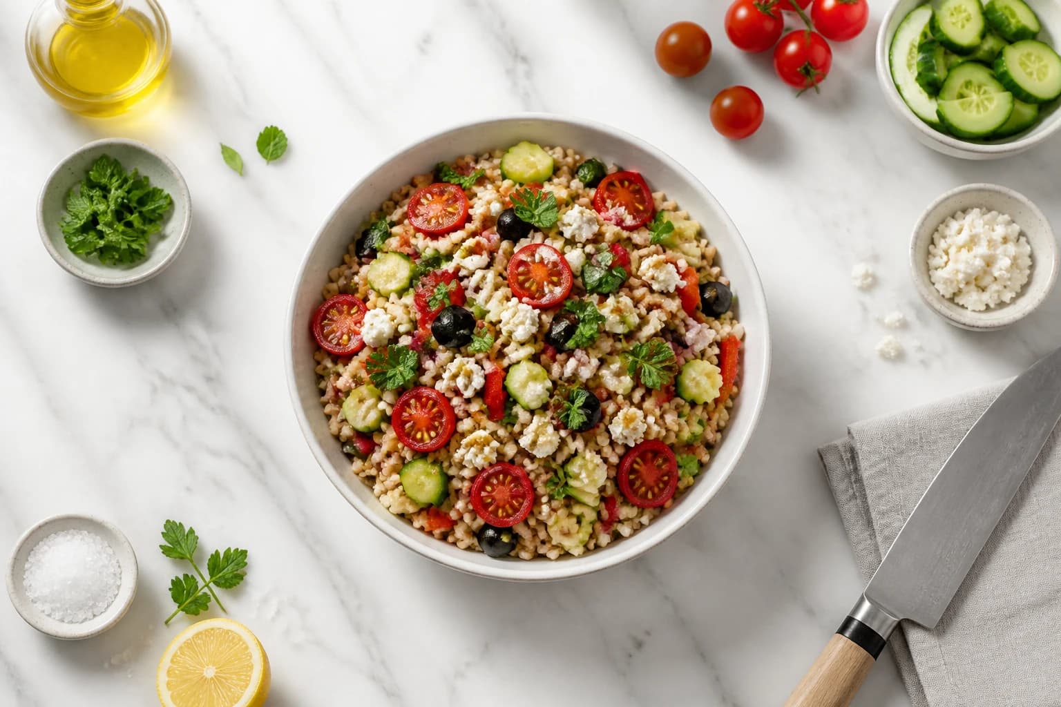 Salade de riz complet en lunch box, prête pour la semaine de batch cooking minceur