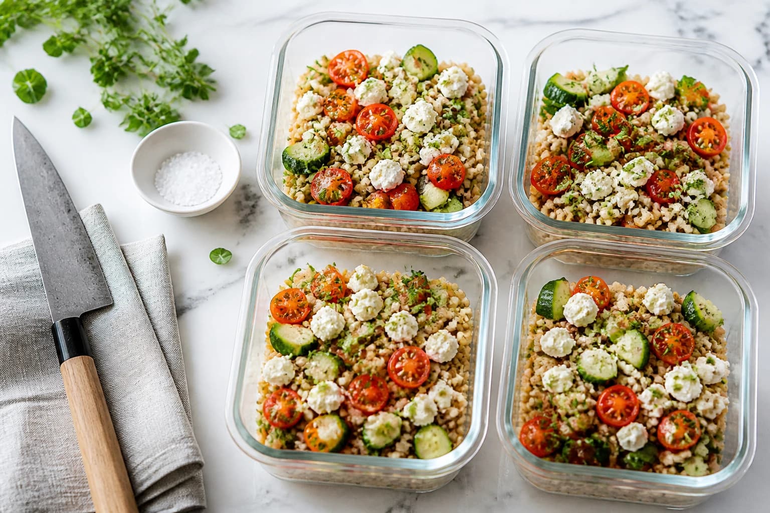 Etape 4 : Assembler et répartir en portions — Salade de riz complet batch : 4 repas minceur en 35 min