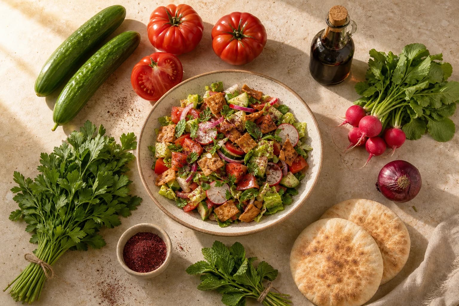 Salade fattoush libanaise vue d'ensemble avec ingrédients frais et pain pita grillé