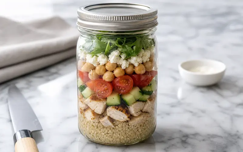 Salade jar quinoa poulet : 5 couches