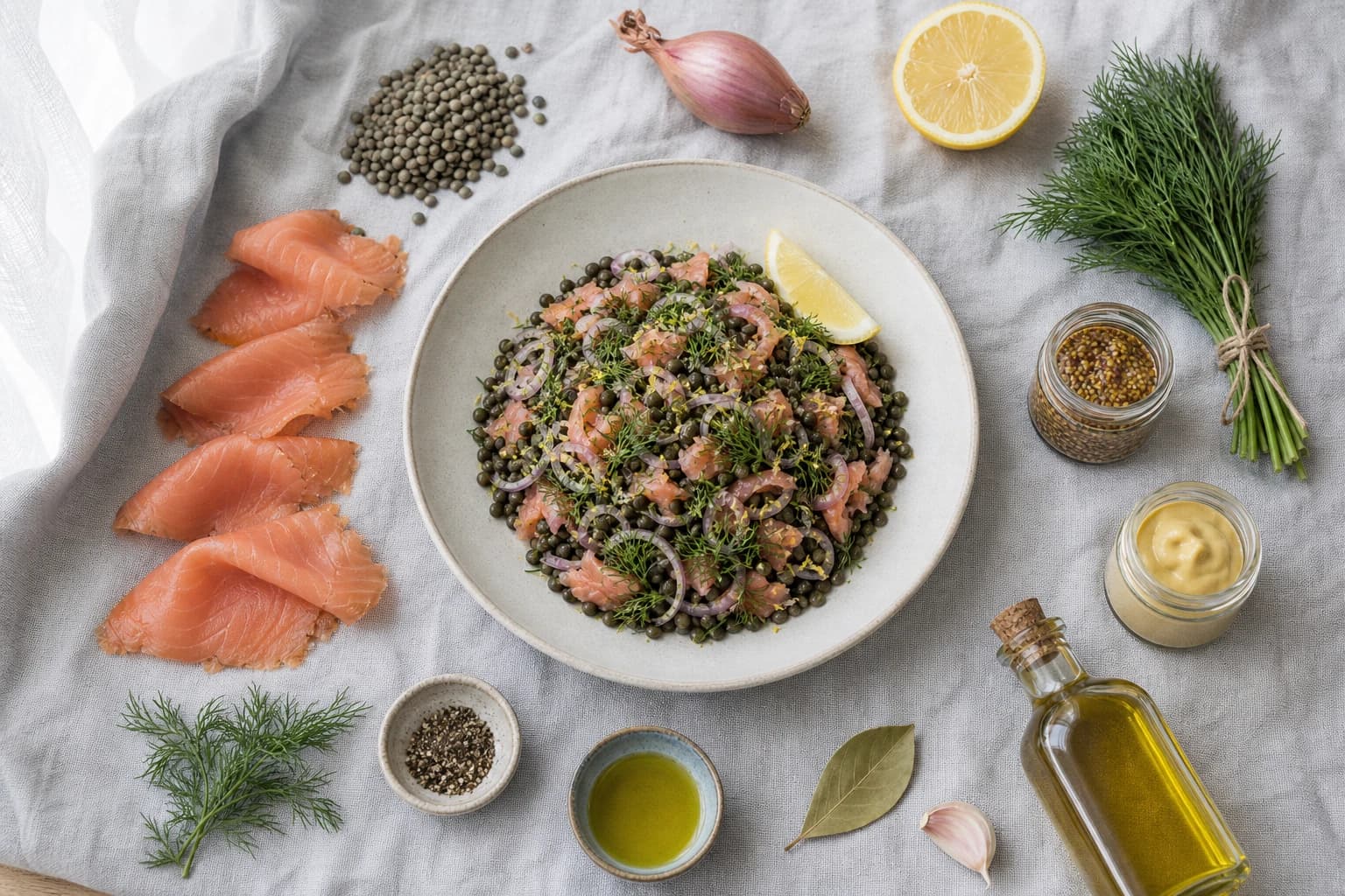 Etape 4 : Dresser avec le saumon fumé — Salade lentilles, saumon fumé & aneth