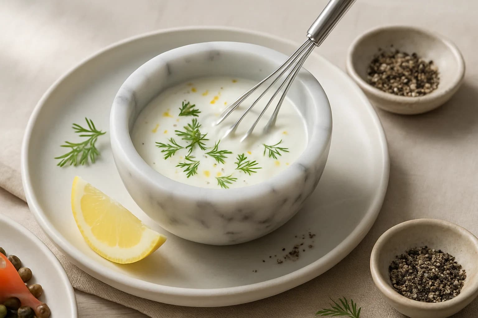 Etape 3 : Mélanger les lentilles tièdes à la vinaigrette — Salade lentilles, saumon fumé & aneth