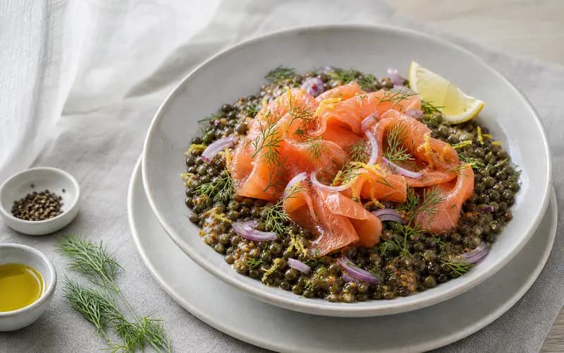 Bowl nordique de lentilles fondantes garnies de tranches de saumon fumé rose et d'aneth frais vert