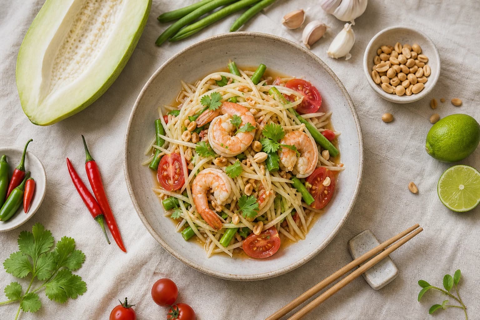 Salade de papaye verte thaï aux crevettes vue d'ensemble avec ingrédients frais autour