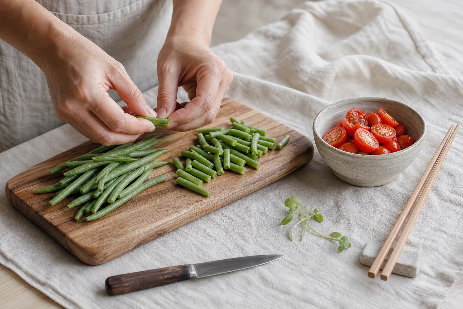 Etape 2 : Préparer les haricots verts et les tomates — Salade thaï papaye verte & crevettes