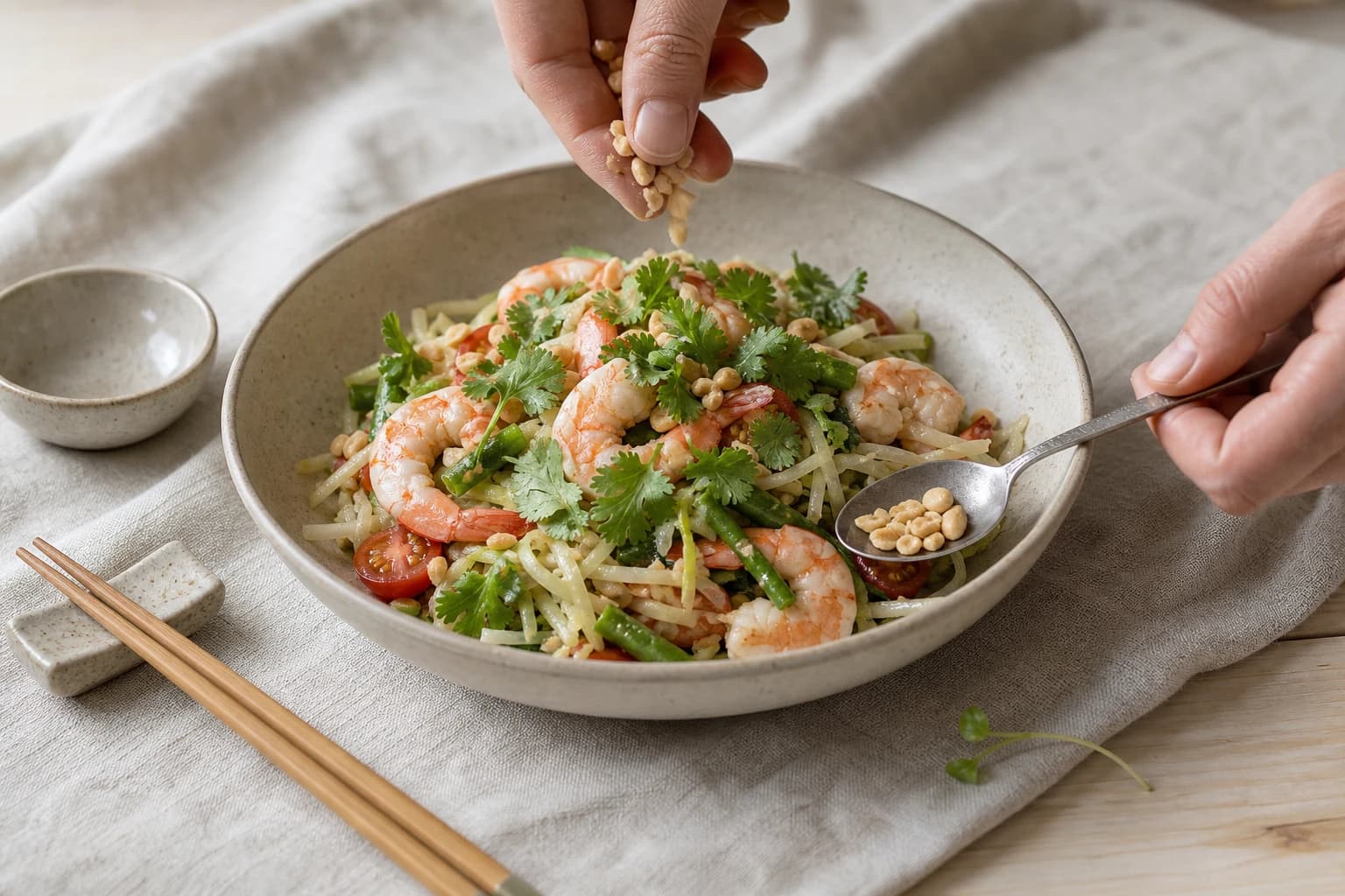 Etape 4 : Assembler et dresser le som tam — Salade thaï papaye verte & crevettes