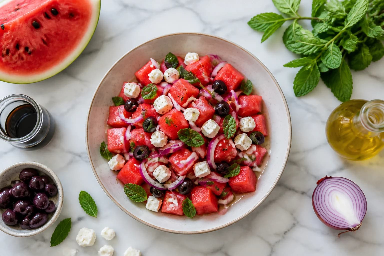 Salade de pastèque feta végétale menthe vue d'ensemble avec ingrédients frais