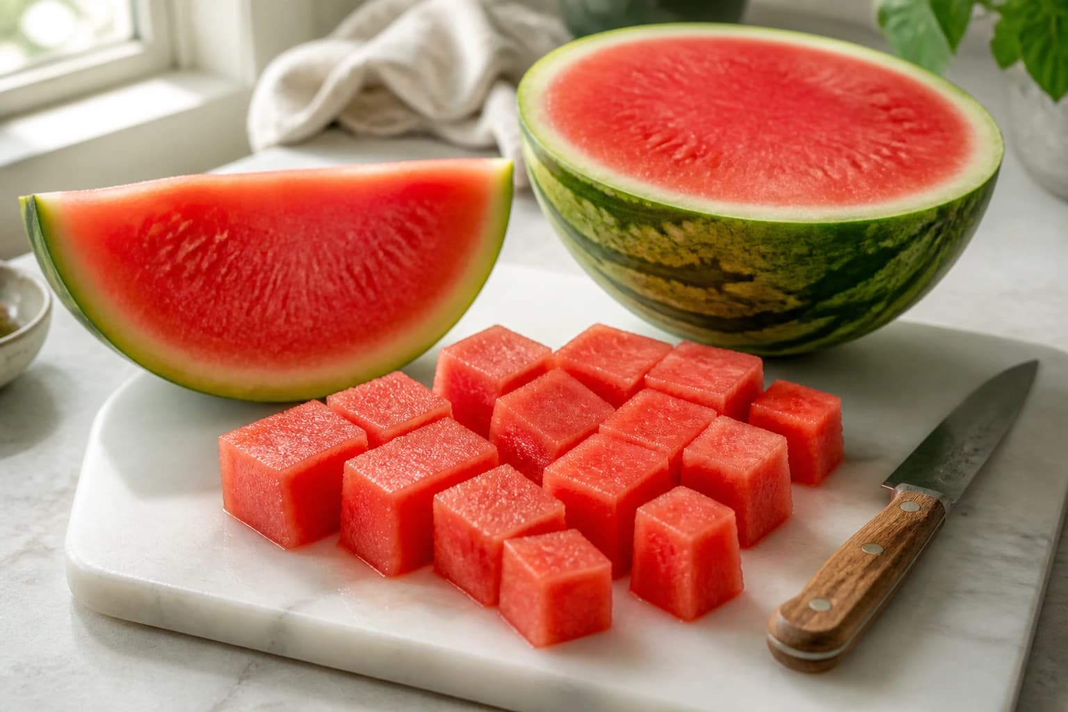 Etape 1 : Préparer la pastèque en cubes — Salade pastèque, féta végétale & menthe
