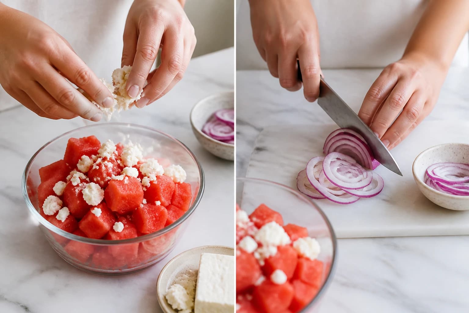 Etape 2 : Émincer l'oignon rouge et émietter la feta végétale — Salade pastèque, féta végétale & menthe