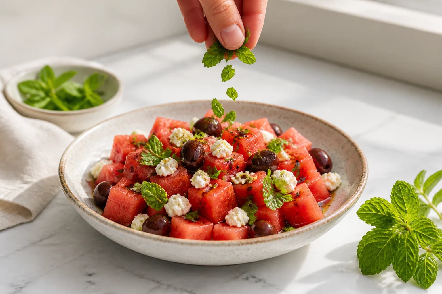 Etape 4 : Dresser la salade et parfumer à la menthe fraîche — Salade pastèque, féta végétale & menthe