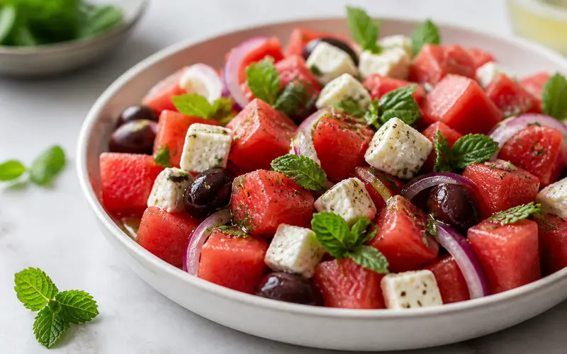 Salade pastèque, féta végétale & menthe