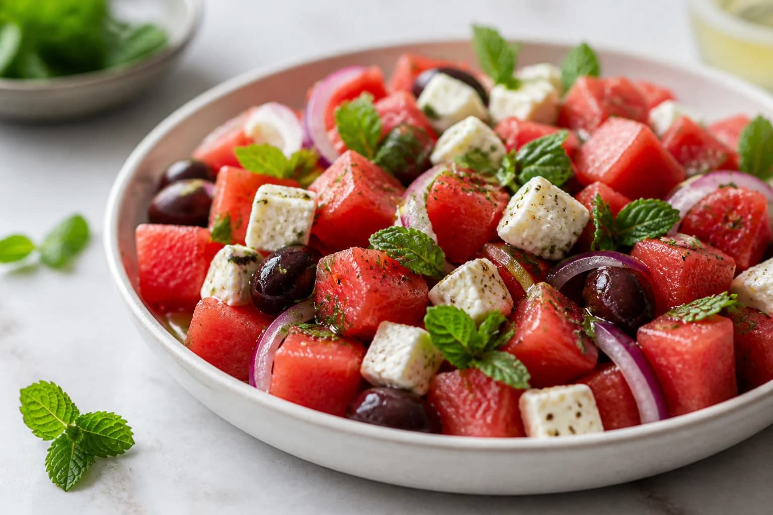 Salade pastèque, féta végétale & menthe