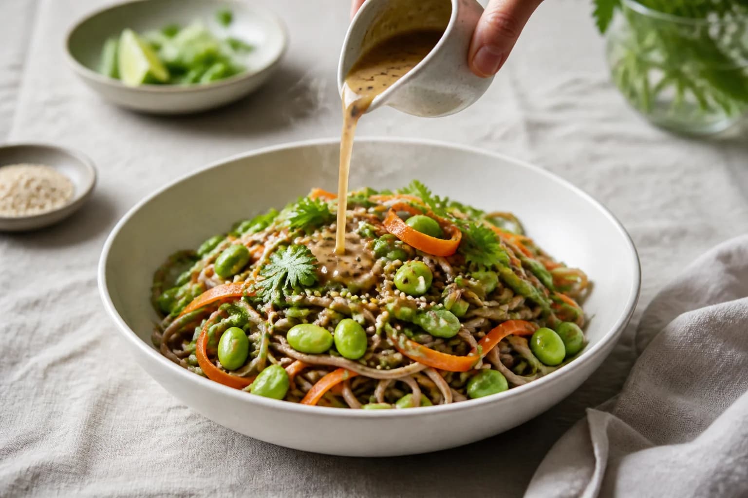 Salade soba edamame sésame dressée dans un bol avec vinaigrette gingembre versée, garnie de graines de sésame et coriandre fraîche, vue de dessus