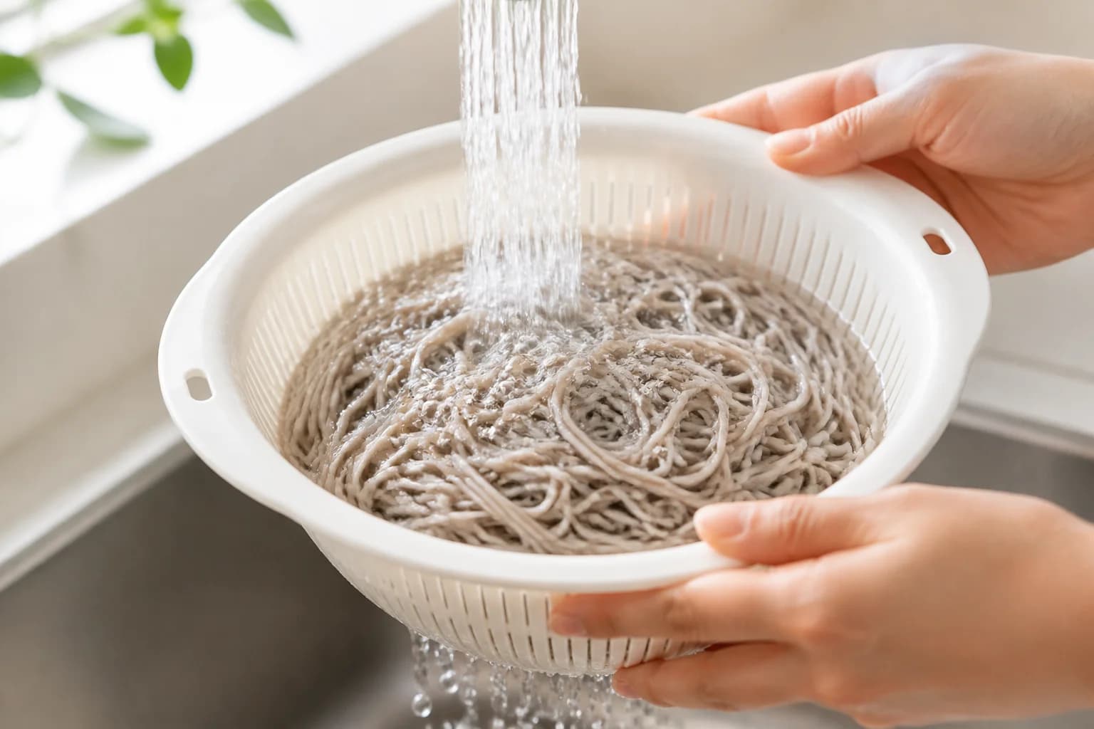 Etape 2 : Cuire et rincer les nouilles soba — Salade soba, edamames & sésame