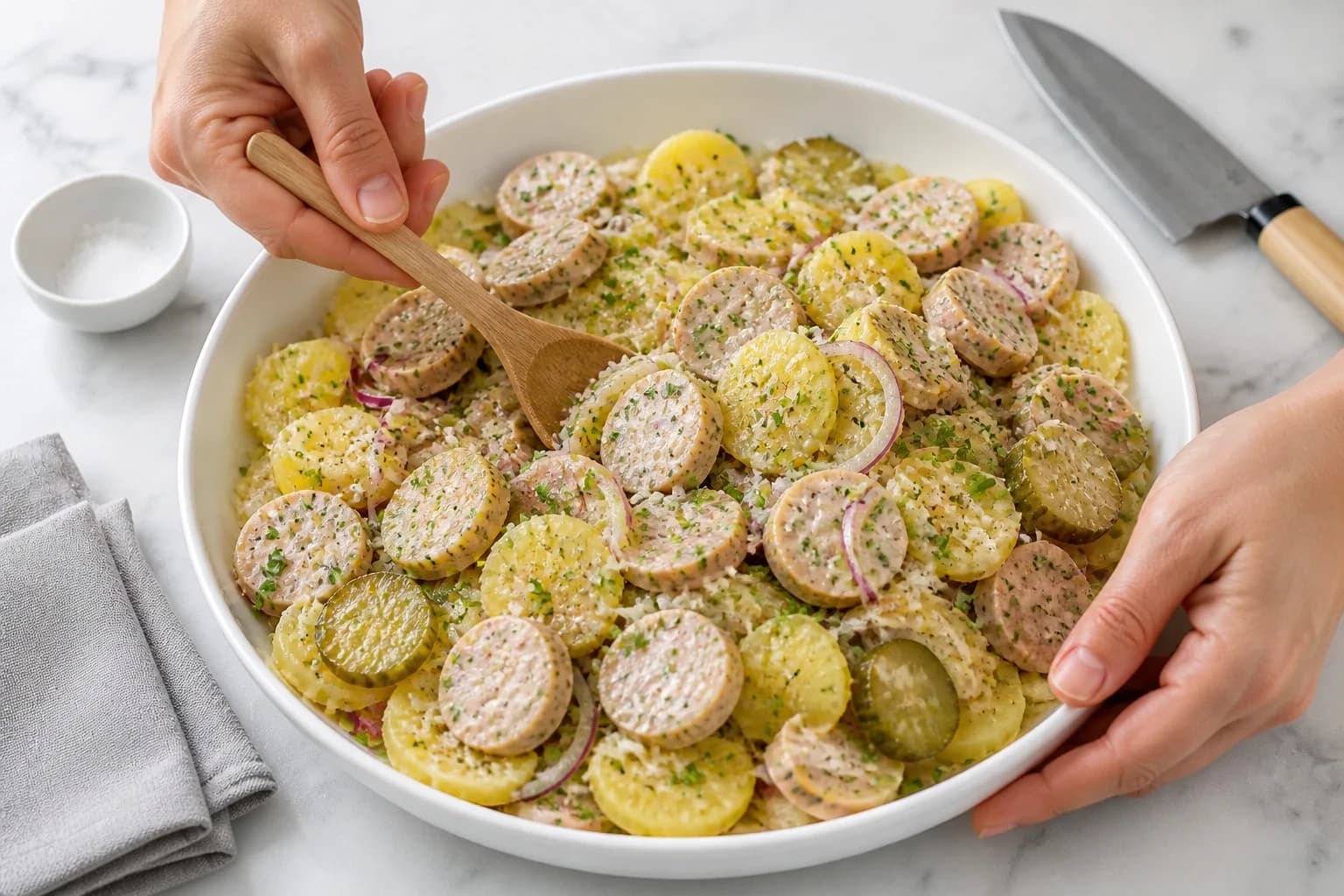 Salade strasbourgeoise allégée en cours d'assemblage : rondelles de pommes de terre et knacks mélangées à la vinaigrette