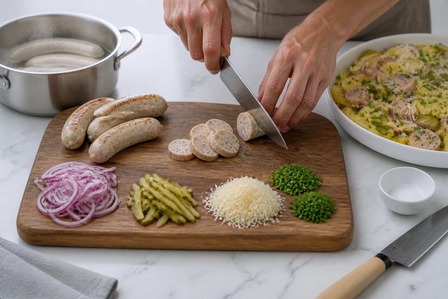 Etape 2 : Préparer les knacks et la garniture — Salade strasbourgeoise gourmande et légère