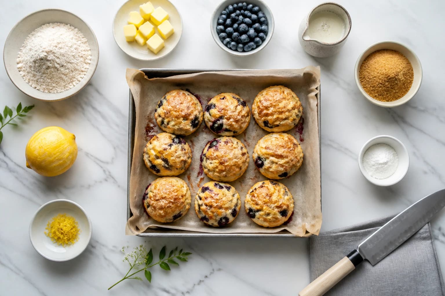 Scones complets aux myrtilles et citron sur grille avec yaourt grec et miel