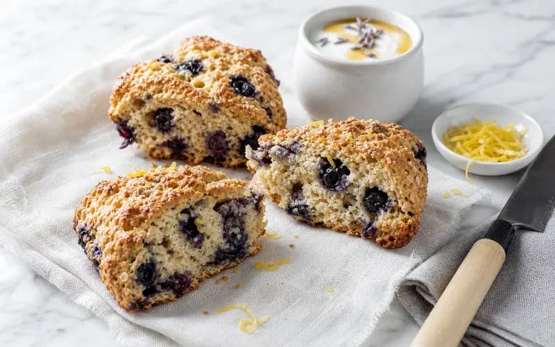 Scones complets aux myrtilles violettes et citron posés sur torchon, croûte dorée et fissurée caractéristique