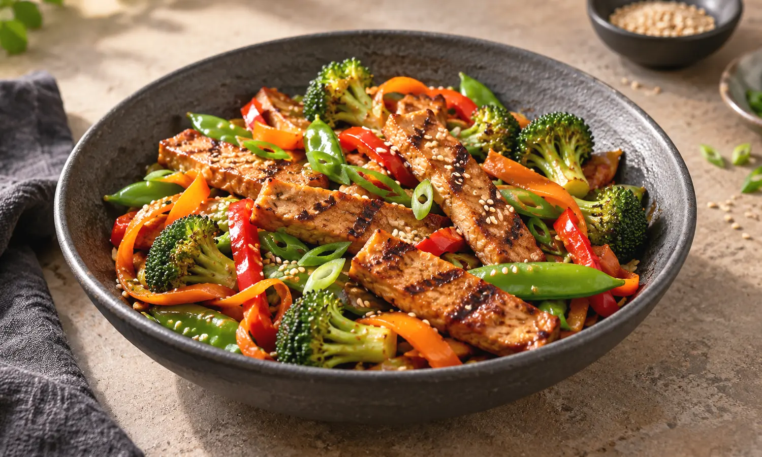 Seitan grillé légumes sauce soja allégée