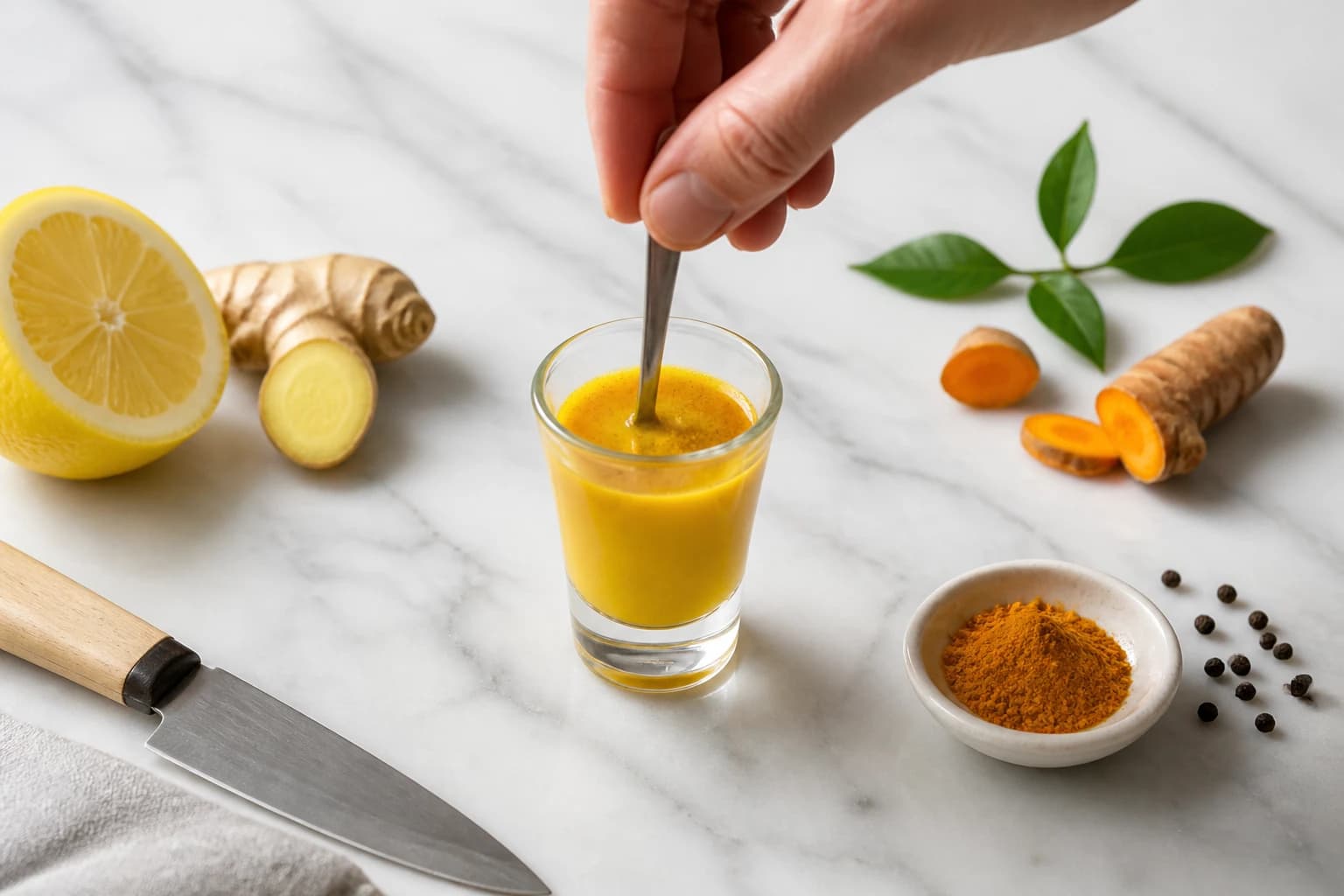 Etape 3 : Ajouter curcuma, cannelle et poivre noir — Shot détox foie : 4 ingrédients qui changent votre matin