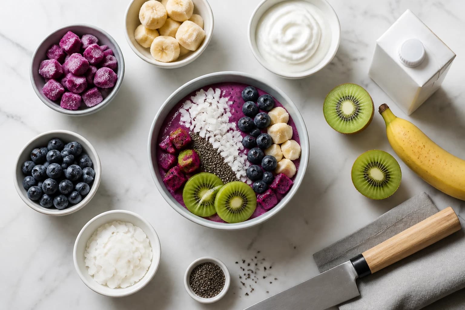 Smoothie bowl pitaya garni de kiwi myrtilles graines de chia photographié de dessus