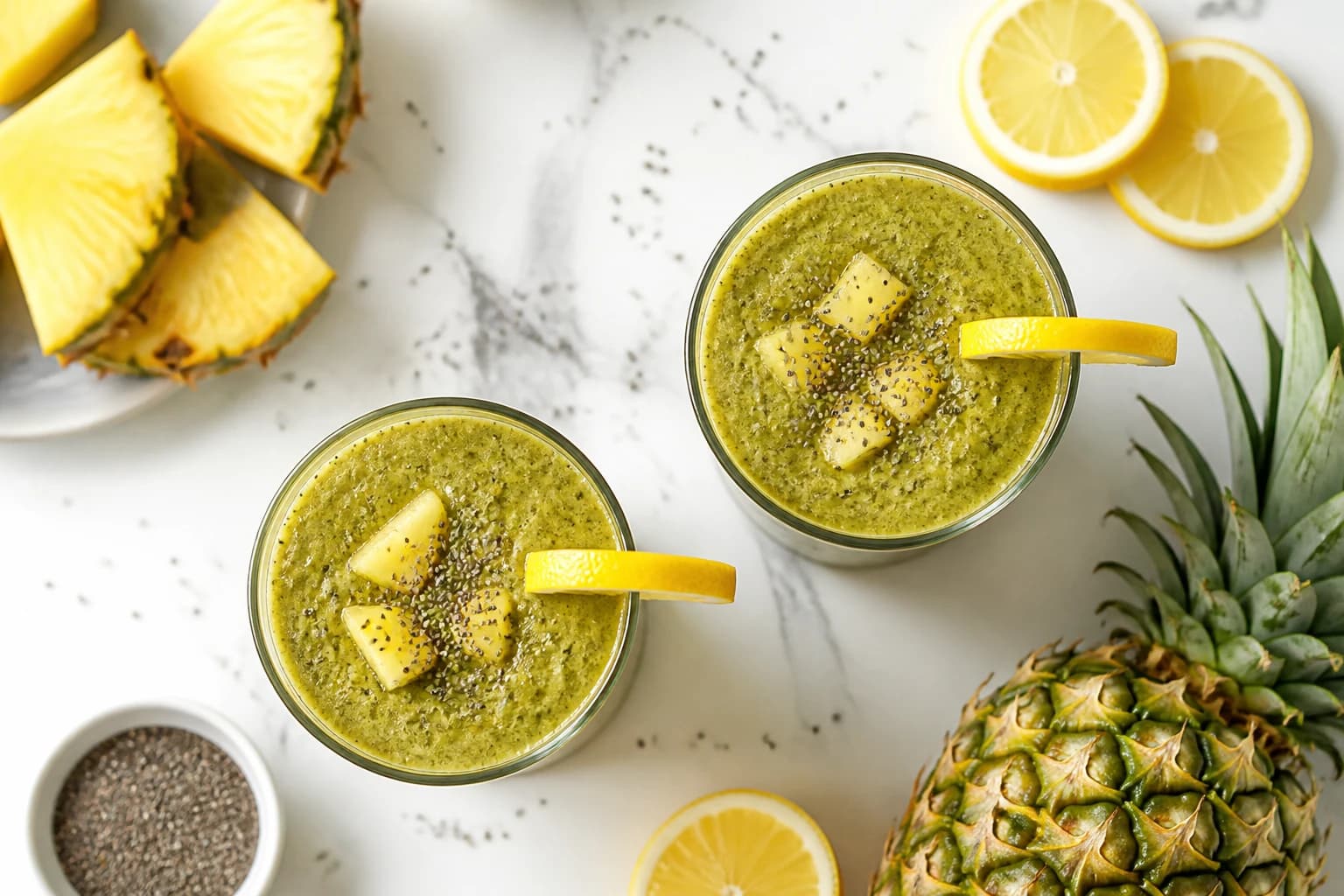 Smoothie détox minceur ananas matcha vert-doré entouré de morceaux d'ananas frais, citron et graines de chia