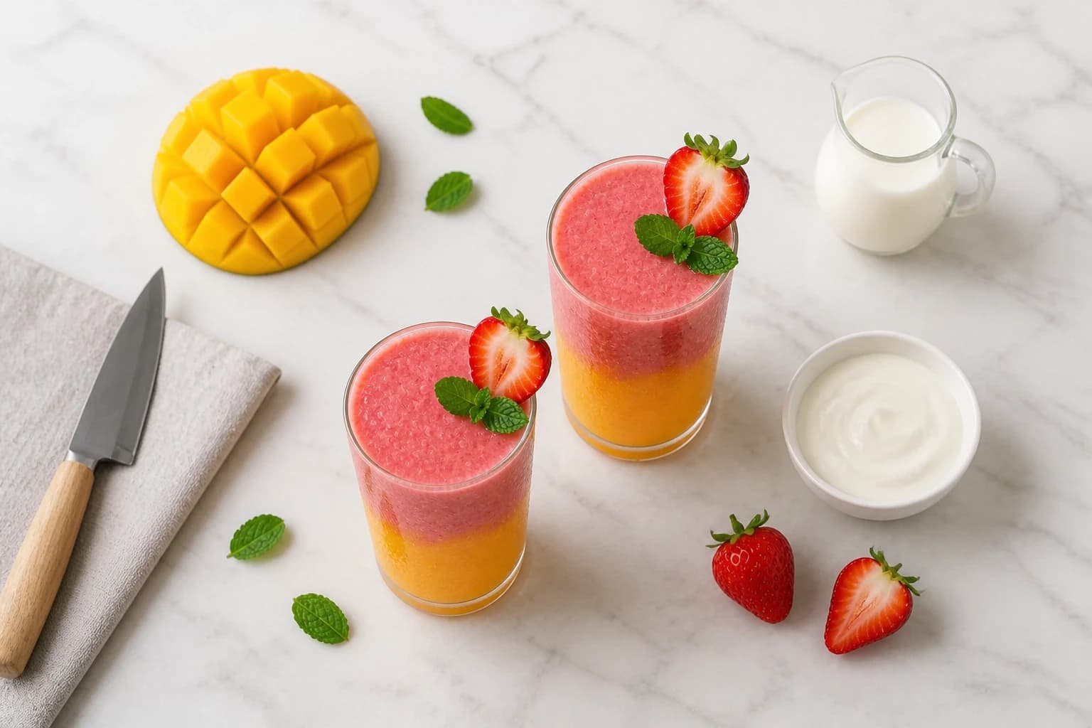 Smoothie mangue fraise à deux couches versé en action dans un grand verre glacé