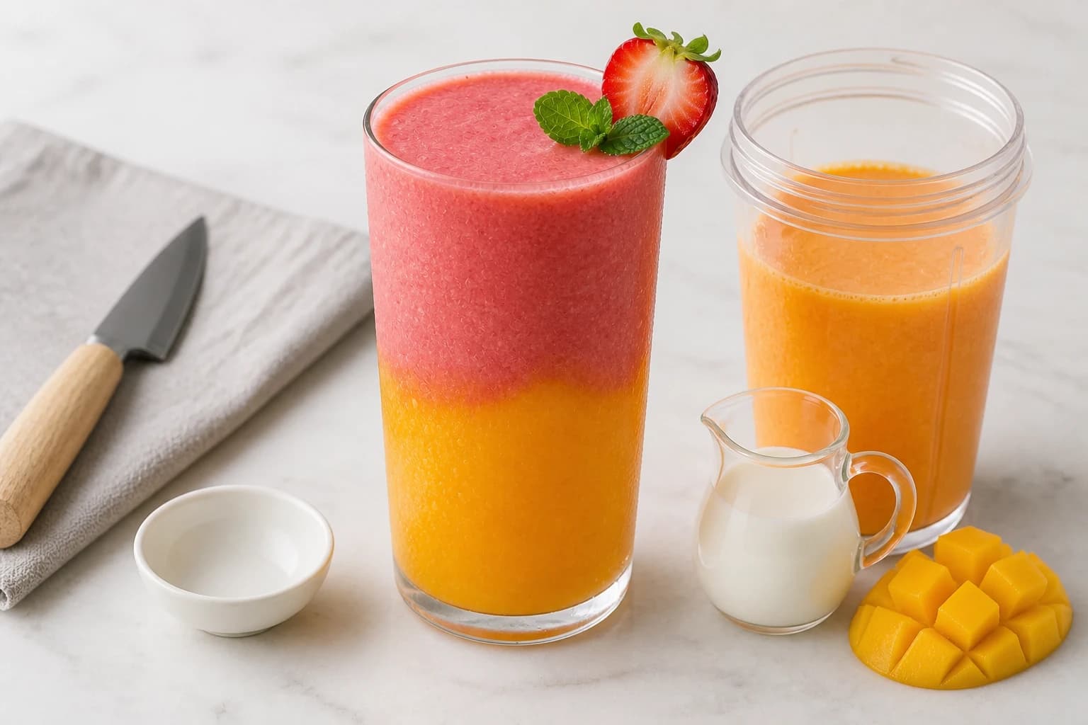 Etape 1 : Préparer la couche mangue — Smoothie sunrise mangue-fraise à 2 couches