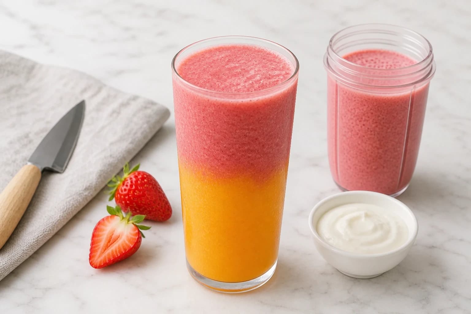Etape 2 : Préparer la couche fraise — Smoothie sunrise mangue-fraise à 2 couches