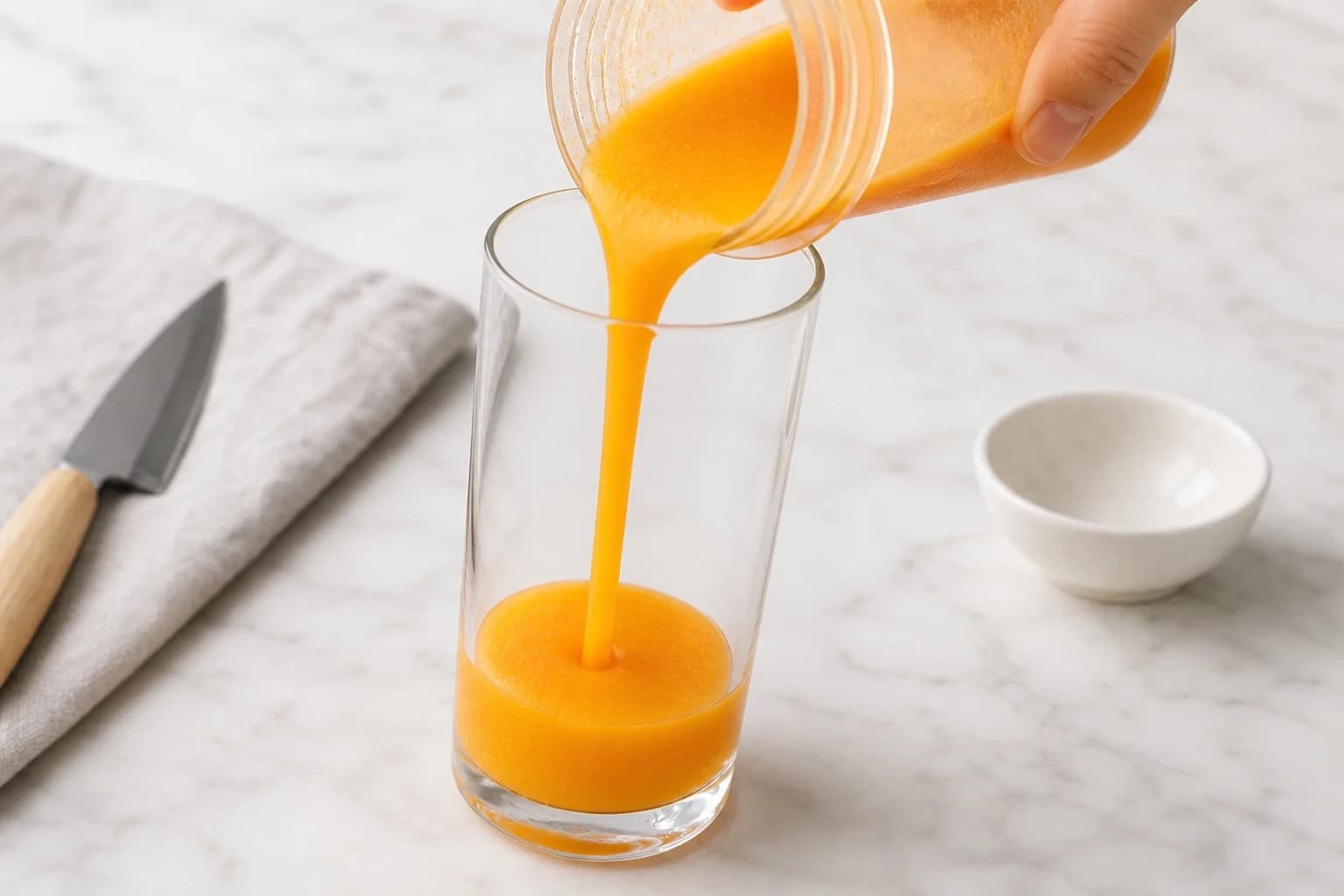Etape 3 : Verser la couche mangue dans le verre — Smoothie sunrise mangue-fraise à 2 couches