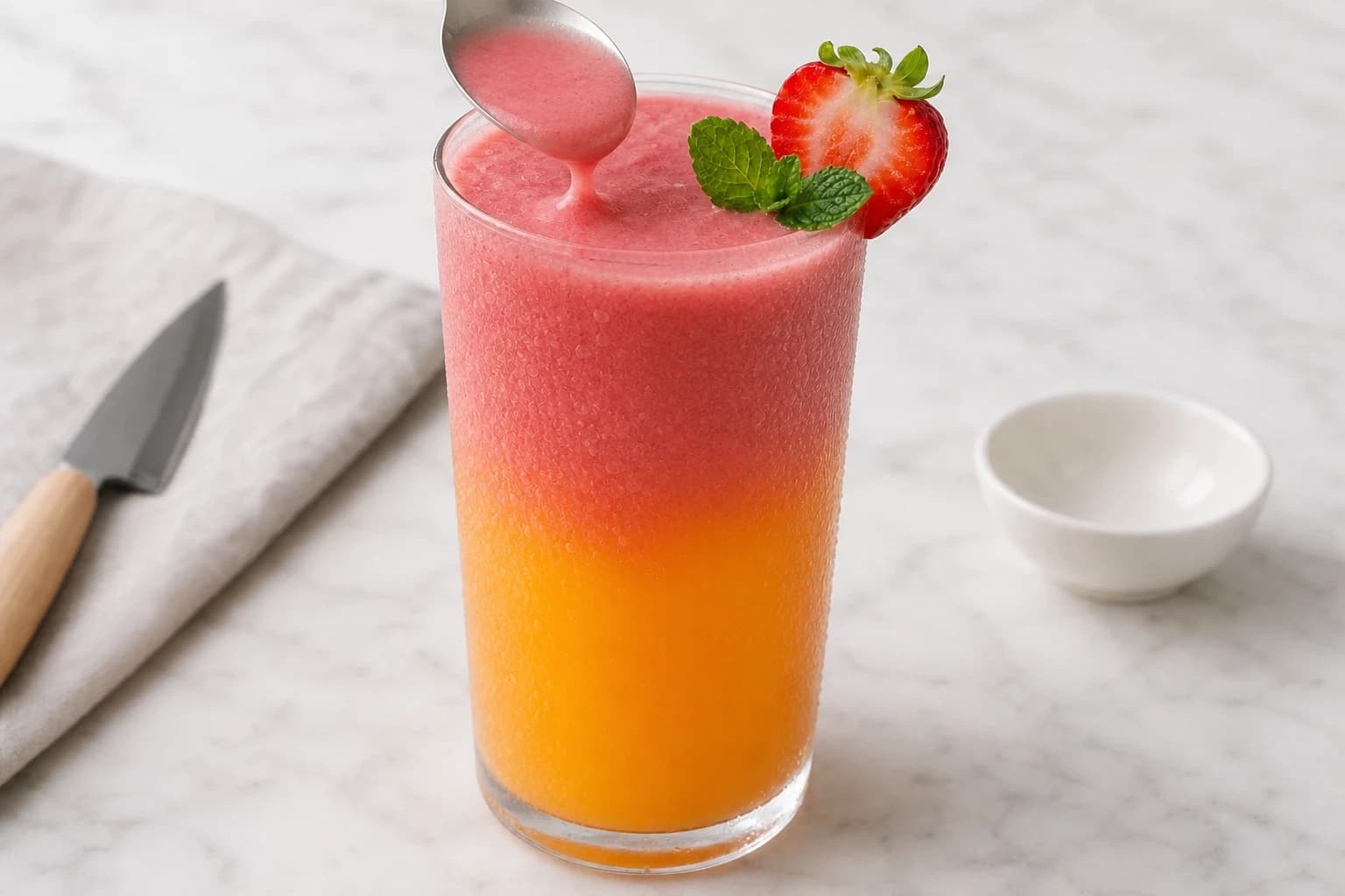 Etape 4 : Superposer la couche fraise pour l'effet sunrise — Smoothie sunrise mangue-fraise à 2 couches