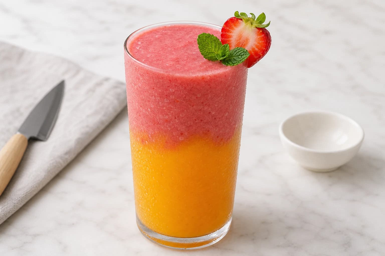Smoothie sunrise mangue-fraise à 2 couches