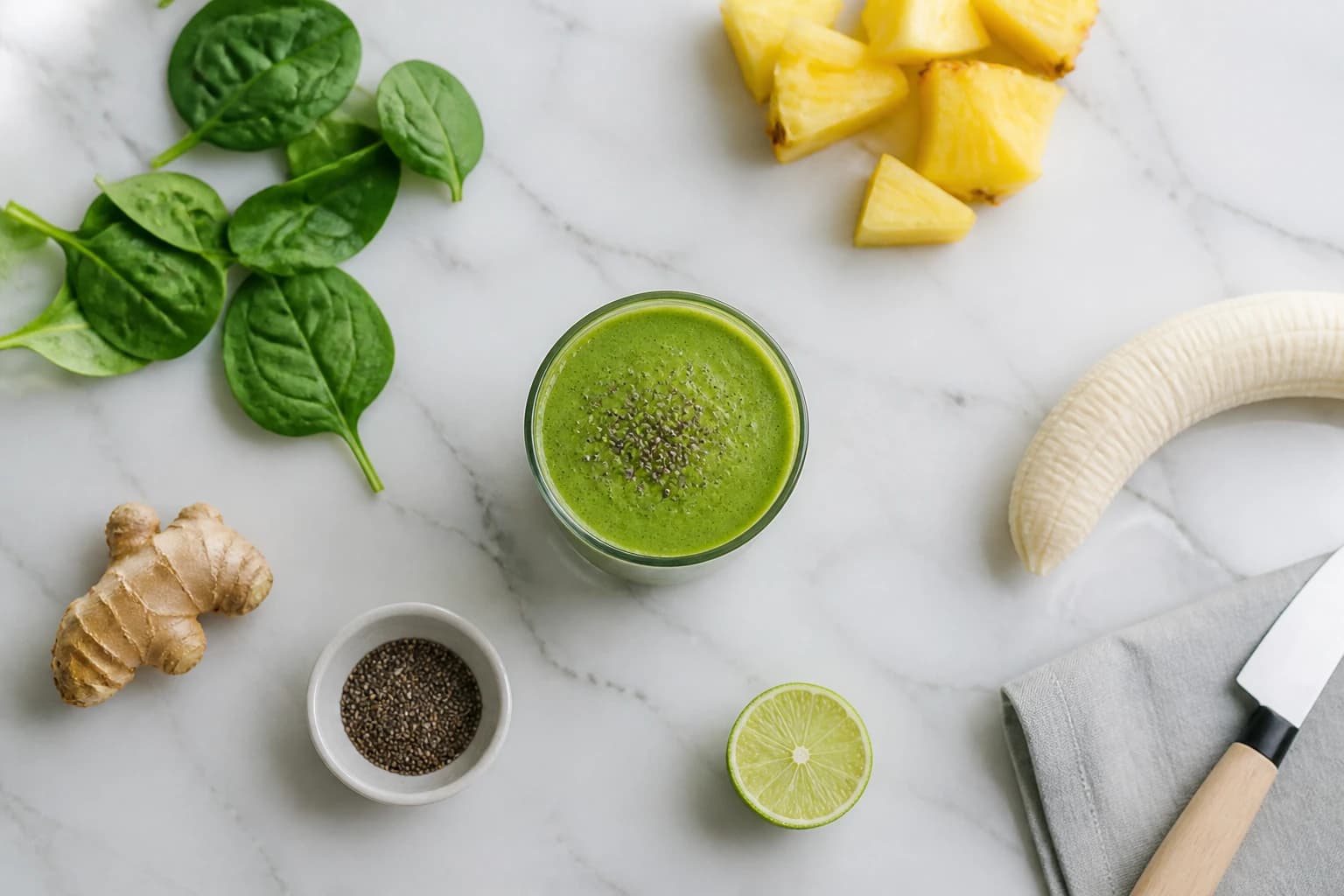Smoothie vert épinards ananas gingembre versé dans deux verres, ingrédients frais autour
