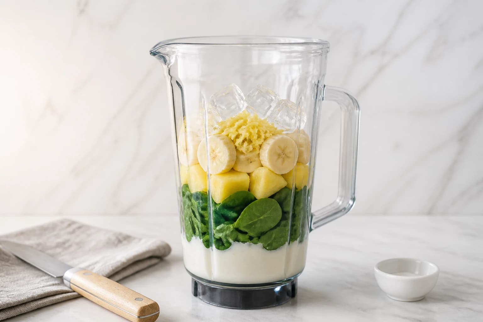 Etape 2 : Charger le blender dans le bon ordre — Smoothie vert épinards ananas : crémeux et glacé