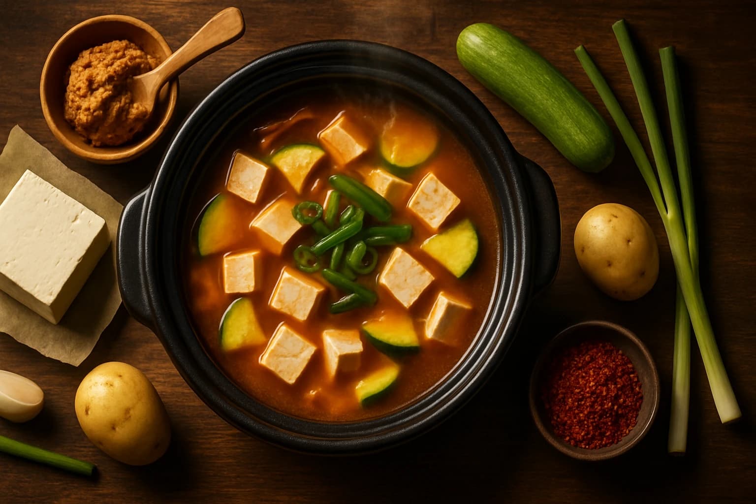 Doenjang jjigae soupe coréenne avec ingrédients disposés autour — tofu, courgette, doenjang sur bois sombre
