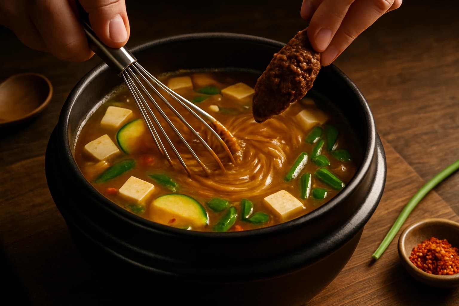 Etape 3 : Diluer le doenjang et mijoter — Vraie soupe coréenne au doenjang