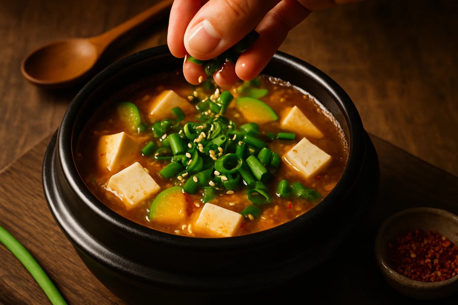 Etape 4 : Ajouter tofu, courgette et finitions — Vraie soupe coréenne au doenjang